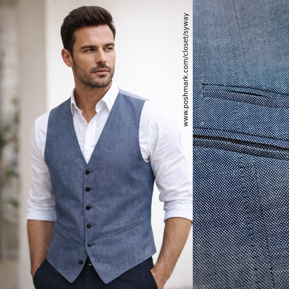 John Varvatos Linen Waistcoat Vest Blue Serge Button Up Formal Casual Striped